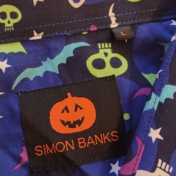 NWOT Simon Banks Halloween buttondown longsleeve shirt blue skull moon print L - Picture 4 of 9